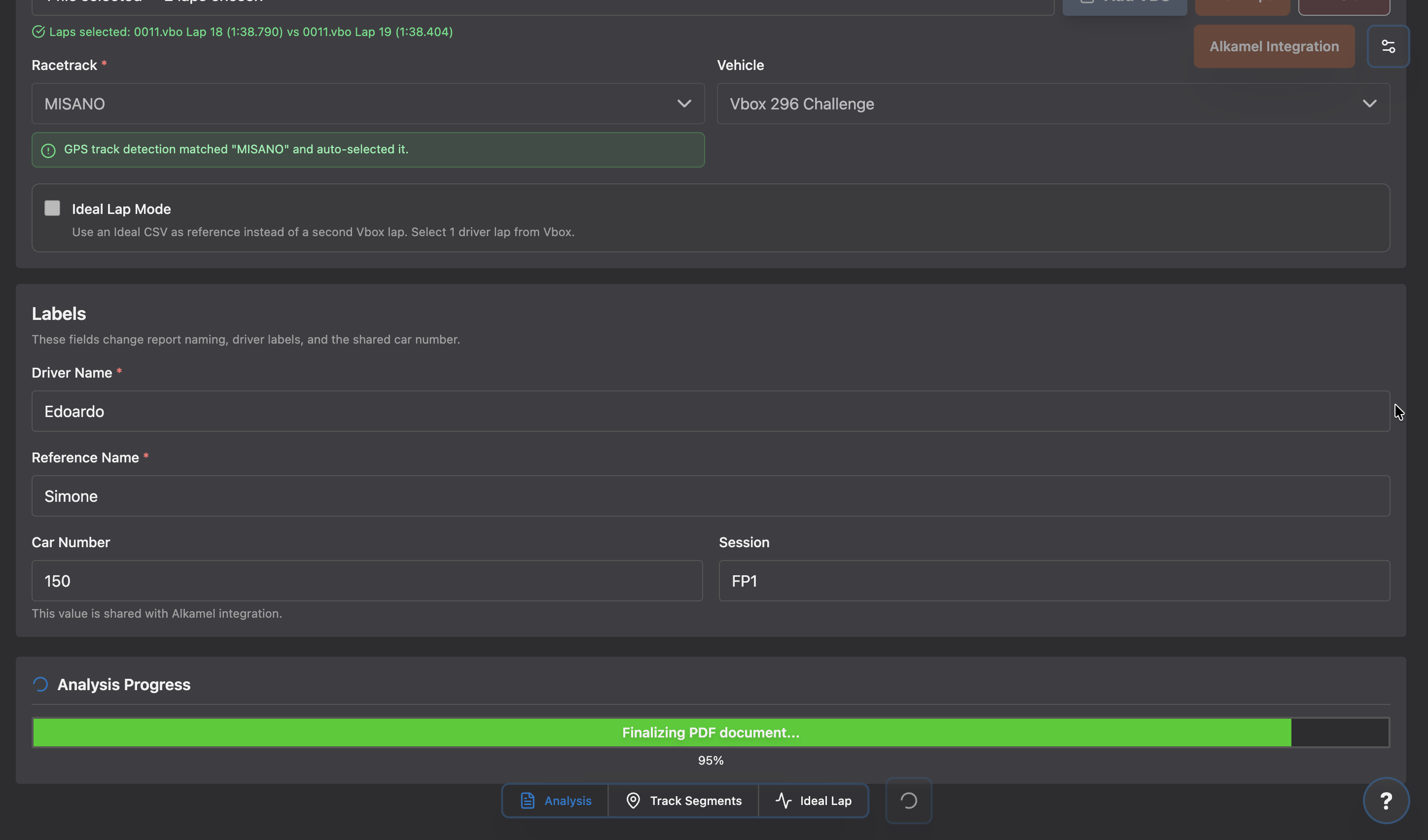 Lap Analysis Launcher output screen with the report generation action ready.